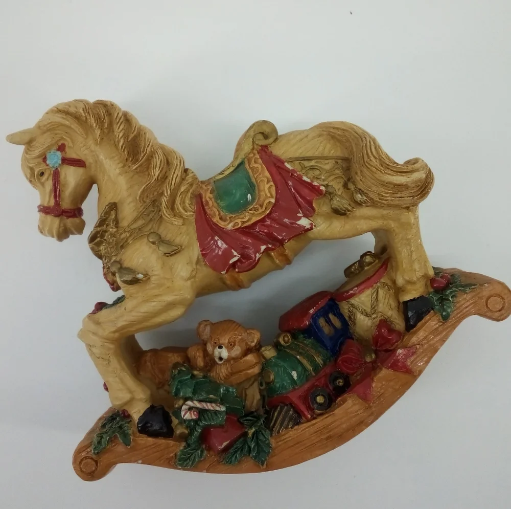 Russ Berries Christmas Rocking Horse w Bear Gifts Table Top Decor Resin